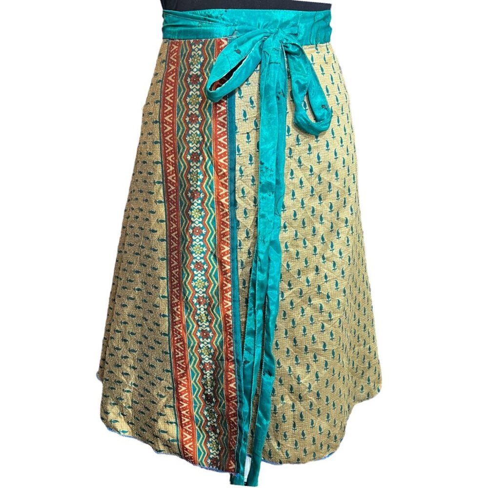 Wevez Wrap Skirt One Size Silk Blend Gold Teal Maroon Boho Womens Tie Waist Midi - Picture 10 of 10